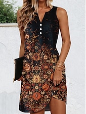 tanie Sukienki boho-Damskie Sukienka mini Codzienne sukienki Sukienka na szerokich ramiączkach Zabytkowe Codzienny Urlop Codzienny Regularny Zabytkowe Bez rękawów Karbowana szyja Niebieski Błękit nieba Brązowy Zielony