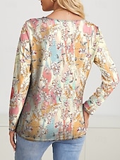 abordables T-shirt Boho-Femme T shirt Floral Décontractées manche longue Col V Hauts réguliers du quotidien Imprimer Blanc Ecru Printemps Automne