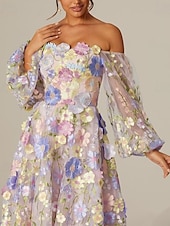 cheap Cocktail Dresses-Floral Embroidered A-Line Formal  Mother of the Bride Dress Wedding Elegant Vintage Square Neck Ankle Length Tulle Long Sleeve with Appliques Flower 2025