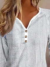 baratos Camiseta listrada e geométrica-Mulheres Camiseta Listrado Casual Manga Longa Pescoço Entalhado Tops regulares Diário Imprimir Cinzento Primavera Outono