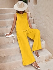 cheap Sets-Women's Shirt Linen-feel Set Two Piece Sets Wide Leg Pants Sleeveless Crew Neck Plain Fashion Streetwear Daily Casual Daily Black Yellow Army Green Summer Regular Fit