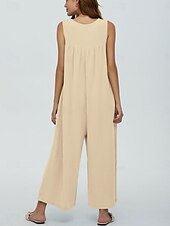 preiswerte lässige Overalls-Damen Normal Jumpsuit Aktiv Feste Farbe Ärmellos U-Ausschnitt Knopf Tasche Urlaub Täglich Regular Fit Schwarz Marineblau Blau Sommer