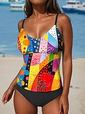 cheap Tankinis-Women&#039;s Swimsuits Tankini 2 Piece Cheeky Swimsuit Backless Vacation Beach Wear Geometric U Neck Sleeveless Bathing Suits