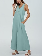 preiswerte lässige Overalls-Damen Normal Jumpsuit Aktiv Feste Farbe Ärmellos U-Ausschnitt Knopf Tasche Urlaub Täglich Regular Fit Schwarz Marineblau Blau Sommer