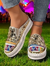 levne Pohodlné sandály-dámské zlaté flitrové tenisky na platformě mules – třpytivé slip-on boty s vyšívanými detaily pro festivaly, párty a street fashion