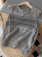 رخيصةأون قمصان مزيفة أساسية-نسائي قميص قمصان قطنية كتان بلوزة كتان قطني صناعي طباعة هندسي أساسي كاجوال بدون كم رقبة عالية مدورة قمصان عادية مناسب للبس اليومي أبيض كاكي رمادي الصيف