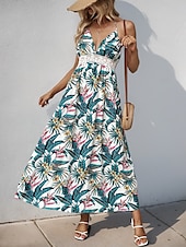 abordables Robes de vacances-Femme Robe mi-longue Robe d&#039;été Elégant mode Fluide Vacances Intérieur Rendez-vous Ajustable Graphic Sans Manches Col V Vert Eté