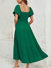 economico Vestito Semplice-Abito Midi Femminile Abito A Linea Abito a Colore Unito Abito da Latte Abito Off The Shoulder Abito Manica Puff Vacanza Vacanza Fit Regolare Semplice Senza Maniche Collo a V Nero Verde Chiaro Rosa