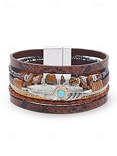 baratos Pulseira Feminina-Pulseira magnética de couro boho e turquesa - design ajustável em várias camadas com penas e pedras preciosas, perfeita para estilos casuais, de verão e festivais