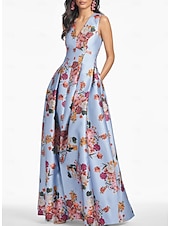 billiga Blommor-A-linjig Aftonklänning Hög Slits Klänning Strand Bröllop Formell Bröllop Gäst Golvlängd Ärmlös V-hals Ficka Satin med Blommönster Slits Ficka Derby Klänning Racedag Klänning Bröllop Gäst Klänning 2025
