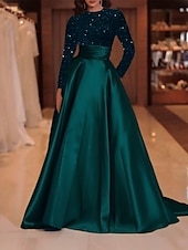 levne zelená-A-line flitrové večerní šaty elegantní šaty formální koktejlová párty vlečka dlouhý rukáv vysoký výstřih podzimní svatební host
