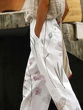 billiga Raka byxor-Kvinnors Bomull Linne Byxor Baggy Byxor Linne Lik Elegant Vintage Mode Full längd Hög midja Blommig tryck Andningsbar Mjuk Mikroelastisk Utomhus Daglig Linne Lik Pärlvit Regular Fit