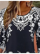 billige Boho t-skjorte-Dame T skjorte Blomstret Grafisk Fritid Langermet Crew-hals Vanlige topper Daglig Trykt mønster Hvit / Svart Svart Blå Oransje Brun Vår Høst