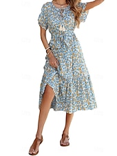 billiga Blommiga klänningar-Dam Midiklänning Wrapklänning A linjeklänning Sommarklänning Midi klänning bohemliv Vintage Ledigt Fjärilsärmar Semester Fest Födelsedag Formpassad Blommig Grafisk Kortärmad Knyt hals Blå Sommar