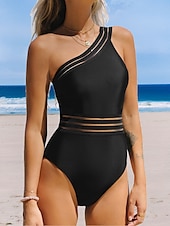 billiga One-piece-baddräkter-Dam Badkläder En bit Monokini Baddräkt Öppen rygg Magkontroll Hög midja Semester Standkläder Ensfärgat Asymmetrisk hals Ärmlös Baddräkter