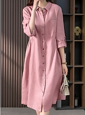 cheap Work Dresses-Women&#039;s Midi Dress Casual Dress Cotton Linen Dress A Line Dress Basic Casual Vacation Daily Regular Fit Plain 3/4 Length Sleeve Shirt Collar Pink Green Summer Spring Fall