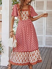 tanie Wakacyjne sukienki-Damskie Sukienka maxi Codzienne sukienki Sukienka rozkloszowana Sukienka A line Elegancki Codzienny Urlop Codzienny Regularny Kwiaty Krótki rękaw Kwadratowy dekolt Żółty Rumiany róż Pomarańczowy