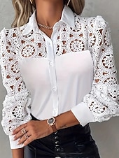 cheap White tee-Women&#039;s Blouse Eyelet top Lace Tops Plain Daily Stylish Basic Long Sleeve Shirt Collar Regular Tops Work Daily Holiday Hollow Out Buttons White Spring Fall