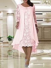 cheap With Jacket-Beach Wedding A-Line Mother of the Bride Dress Wedding Guest Elegant Plus Size Jewel Neck Knee Length Chiffon Lace Long Sleeve with Lace free custom size