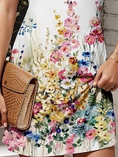 billiga Blommiga klänningar-Dam Mini klänning A linjeklänning Linneklänning Elegant Stylish Ledigt Dagligen Normal Blommig Grafisk Ärmlös U-hals Regnbåge Sommar Vår
