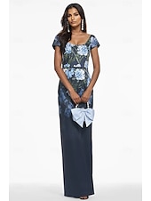 abordables BLEU-Robe de Soirée Colonne Imprimé Floral Marine Robe Élégante Robe de Mariage Invitée Formelle Longueur de Sol Manche Courte Col Bijou avec Paillettes Robe Invitée de Mariage