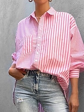 cheap Work Tops-Women&#039;s Shirt Blouse Striped Elegant Daily Stylish Long Sleeve Shirt Collar Regular Tops Daily Holiday Going out Buttons Pocket Yellow Pink Green Spring Fall