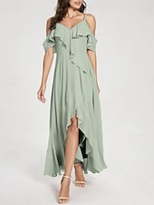 cheap Bridesmaid Dresses-A-Line Bridesmaid Dress V Neck / Spaghetti Strap Short Sleeve Elegant Asymmetrical Chiffon with Split Front / Ruching