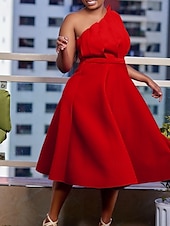 preiswerte Kentucky Kleid-Kentucky Derby Damen Midi Kleid A-Linie Kleid Fit And Flare Kleid Elegant Formal Party Hochzeitsgast Verlobung Reguläre Passform Grafisch Ärmellos Eine Schulter Weiß Pink Rot Fuchsia
