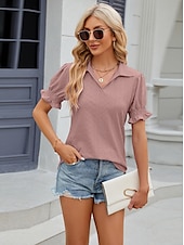 cheap Lace Tops-Women&#039;s Boho T-shirt Plain Bohemia Cute Stylish Short Sleeve Puff Sleeve V Neck Shirt Collar Regular Tops Daily Going out Weekend Ruffle Eyelet Sage Green Black White Pink Wine Summer