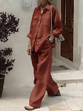 economico Set in cotone e lino-Per donna Moda Streetwear Quotidiano Camicia Set ispirati al lino Set da due pezzi Pantaloni a Gamba Larga Manica Lunga Colletto a Camicia Semplice Casuale Quotidiano Bianco Rosa Verde militare Estate