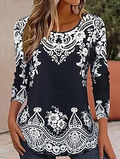 billige Boho t-skjorte-Dame T skjorte Blomstret Grafisk Fritid Langermet Crew-hals Vanlige topper Daglig Trykt mønster Hvit / Svart Svart Blå Oransje Brun Vår Høst