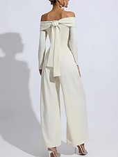 economico Tute della mamma-Tute Madre della Sposa Elegante Fuori Spalla Lunghezza Completa Tessuto Stretch Maniche Lunghe con Pizzo Colore Solido 2025