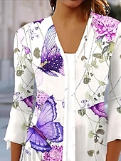 abordables Hauts Floraux-Femme Chemise Floral Papillon basique Manches 3/4 Col Carré Hauts réguliers du quotidien Imprimer Violet Printemps Automne