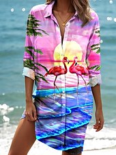 cheap Hawaiian Dress-Women&#039;s Mini Dress Shirt Dress  Graphic Elegant Vintage Tropical Long Sleeve Shirt Collar Long  Buttons Print Pink Summer Spring