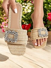 levne Sandály na dovolenou-dámské tkané slaměné pantofle s křišťálovými přezkami – elegantní a pohodlné ploché sandály pro letní dovolenou, plážové dny a neformální výlety
