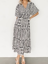 olcso Alkalmi virágos ruhák-Női Midi ruha hétköznapi ruha Boho elegáns ruhák Boho ruha Csehország Szüret Stílusos Vakáció Hétköznapi Napi Normál Csík Rövid ujjú V-alakú Fekete Világoszöld Világoskék Nyár Tavasz