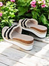 levne Sandály na dovolenou-dámské pruhované třásňové espadrilkové sandály na klínku – pohodlné sandály na platformě pro běžné nošení, pláž a dovolenou