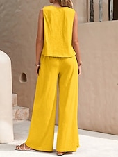 cheap Sets-Women's Shirt Linen-feel Set Two Piece Sets Wide Leg Pants Sleeveless Crew Neck Plain Fashion Streetwear Daily Casual Daily Black Yellow Army Green Summer Regular Fit