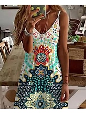 billiga Boho klänningar-Kvinnors maxi klänning solklänning A-linje klänning sommarklänning bohemisk semester vintage semester casual daglig regular fit geometrisk ärmlös v-neck grön sommar vår