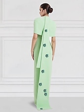 abordables Robes de Soirée-Robe de soirée colonne brodée verte rouge jaune robe élégante formelle invité de mariage longueur sol sans manches col rond capes crêpe extensible avec paillettes 2025