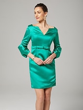 cheap Cocktail Dresses-Sheath / Column Cocktail Dresses Elegant Dress Formal Wedding Guest Knee Length 3/4 Length Sleeve V Neck Satin with Bow(s) Dresses