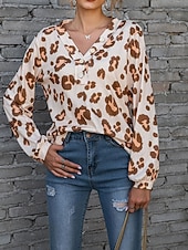 billige Kvinne Grafiske Topper-Dame T skjorte Leopard Mote Moderne Fritid Langermet V-hals Vanlige topper Daglig Helg Hvit Rosa Blå Brun Vår Høst
