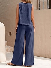 cheap Sets-Women's Shirt Linen-feel Set Two Piece Sets Wide Leg Pants Sleeveless Crew Neck Plain Fashion Streetwear Daily Casual Daily Black Yellow Army Green Summer Regular Fit