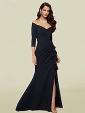 abordables Longueur du plancher-Robe mère de la mariée sirène invitée de mariage élégante sexy décolletée en V traîne courte tissu extensible manches 3/4 avec drapé et fente avant taille personnalisée gratuite