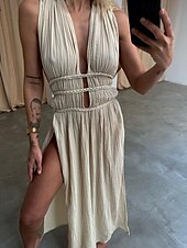 ieftine proiectează rochii din bumbac și in-Pentru femei Rochie Lunga Rochie Maxi Rochii inspirate din in Rochie în carouri Rochie casual Rochie de vară Modă În aer liber Concediu Dată Fit regulat Simplu Fără manșon În V Negru Maro Bej Var