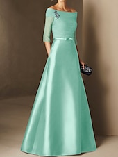 abordables BLEU-Robe de soirée A-Line élégante robe de fiançailles formelle soirée longueur sol manches demi épaule dénudée invité de mariage en chiffon avec fronces