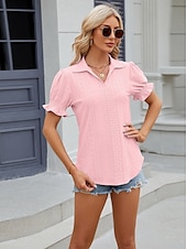 cheap Lace Tops-Women&#039;s Boho T-shirt Plain Bohemia Cute Stylish Short Sleeve Puff Sleeve V Neck Shirt Collar Regular Tops Daily Going out Weekend Ruffle Eyelet Sage Green Black White Pink Wine Summer