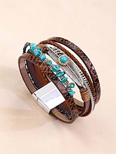 baratos Pulseira Feminina-Pulseira magnética de couro boho e turquesa - design ajustável em várias camadas com penas e pedras preciosas, perfeita para estilos casuais, de verão e festivais