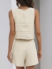 preiswerte Sets-Damen Mode Streetwear Hemd Baumwoll-Leinen-Sets Zweiteilige Sets Leinenhosen Baggy-Shorts Ärmellos Quadrathals Einfarbig Alltagskleidung Date Schwarz Braun Khaki Sommer Normale Passform
