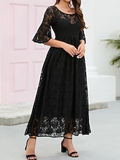 tanie Formalne zimowe-Damskie Sukienka midi Koronkowa sukienka Sukienka maxi Sukienka A line Elegancja Elegancki Codzienny Rozkloszowany rękaw Urlop Impreza Codzienny Regularny Równina Krótki rękaw Półgolf Czarny Wino